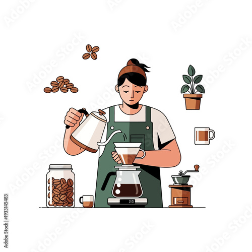 Barista making pour over coffee with beans, grinder, and equipment, close-up