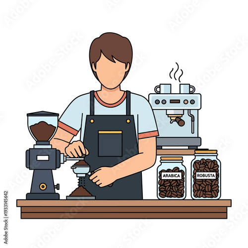 Barista preparing coffee with grinder and espresso machine, coffee beans in jars