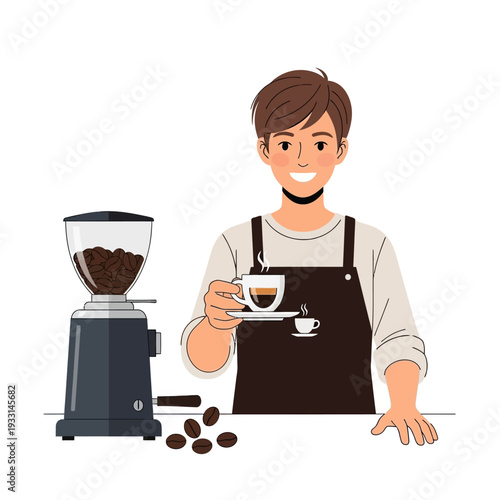 Barista serving coffee, coffee grinder and beans, skilled professional making espresso.