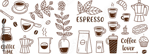 Set of hand drawn coffee doodle illustrations featuring cups beans espresso makers cafe plants and baked goods isolated on white background