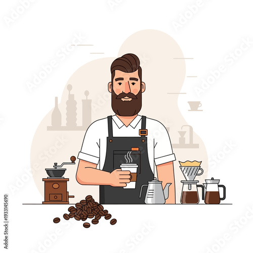 Barista with Beard Making Pour Over Coffee with Beans and Grinder