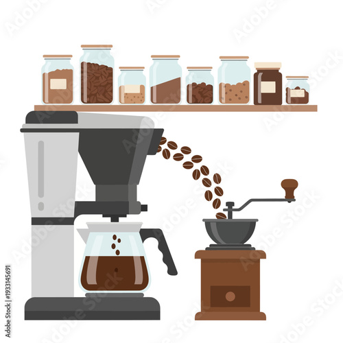 Coffee preparation: grinding beans and brewing in a drip coffee maker