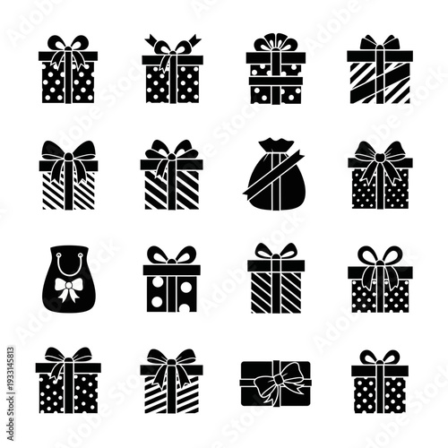 Black gift boxes and bags icons on for birthday or holiday