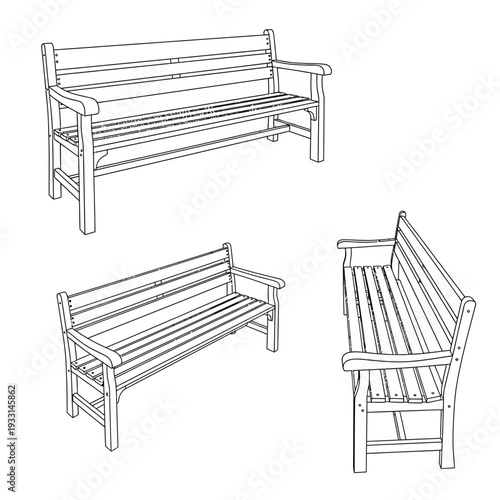 Three wooden benches in different angles