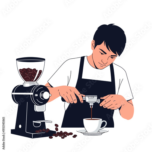 Barista making espresso coffee with grinder and coffee beans