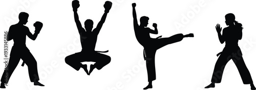 WebMartial arts silhouettes, fighting stances, dynamic poses, combat training, self defense, powerful movement, sports illustration, vector art, black silhouette, isolated