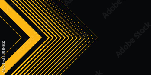 Abstract black wide horizontal banner background with arrows and angles, gray and yellow lines element.