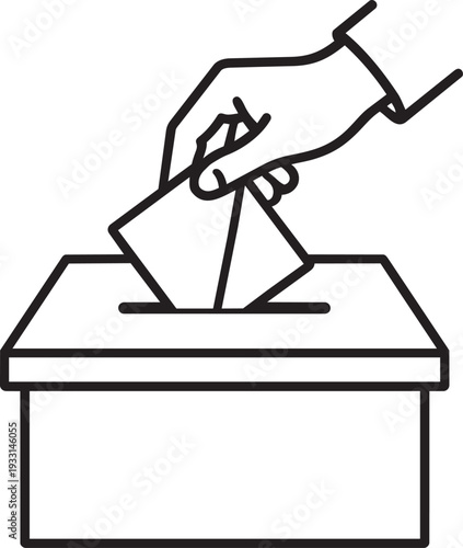 Human hand inserting a ballot paper into a voting box outline icon representing democratic election process