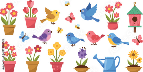 Cute Spring Garden Elements Collection with Birds, Flowers, Butterflies, Bees and Birdhouse Cartoon Vector Illustration Set