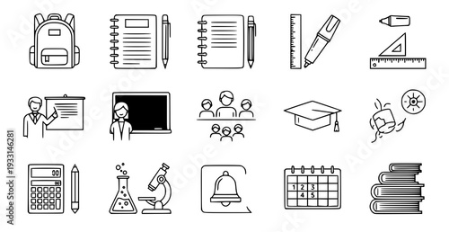 A set of educational icons including school supplies and symbols