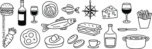 Set of hand drawn outline food and beverage doodle illustrations featuring burger fish wine cheese and breakfast isolated on white background