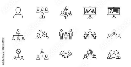 A set of minimalist line art icons depicting various business and teamwork concepts