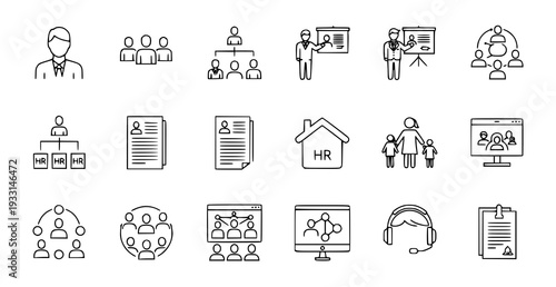 A set of minimalist line art icons representing human resources and business concepts