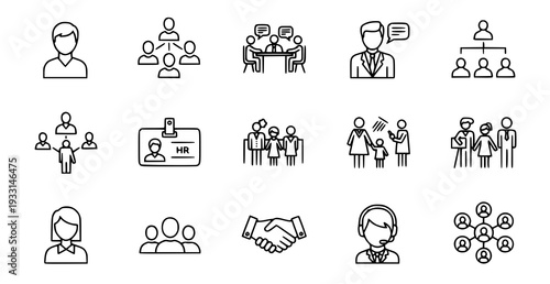 A set of minimalist line art icons depicting various business and teamwork concepts