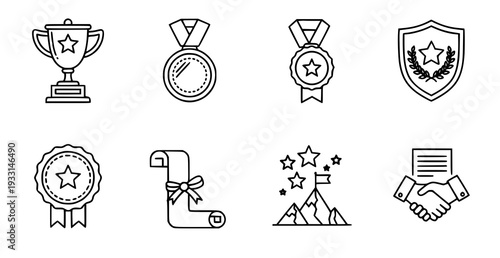A set of eight black and white line art icons representing achievement and success