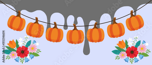 Autumnal Garland of Pumpkins and Vibrant Floral Bouquets on a Light Blue Background