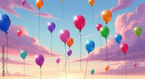 Vibrant balloons soaring in a serene sky