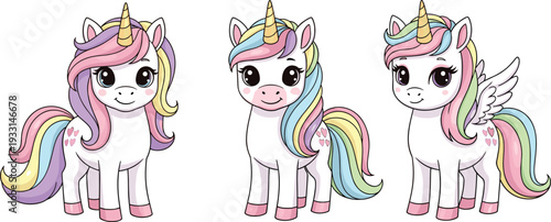 Cute Unicorns with Rainbow Manes and Horns – Kawaii Style Vector Collection