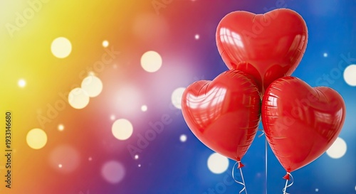 Three red heart shaped balloons on colorful background with bokeh lights