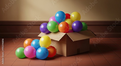 Colorful balloons spilling out of a cardboard box