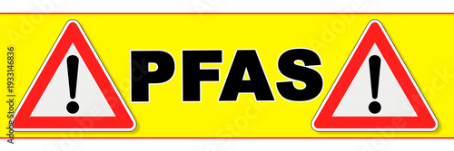 PFAS WARNING SIGN WITH EXCLAMATION MARKS ON YELLOW BACKGROUND - ENVIRONMENTAL HAZARD CONCEPT, TOXIC CHEMICALS ALERT, POLLUTION RISK, SAFETY SYMBOL, CONTAMINATION AWARENESS BANNER