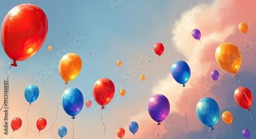 Vibrant colorful balloons floating in the sky with clouds
