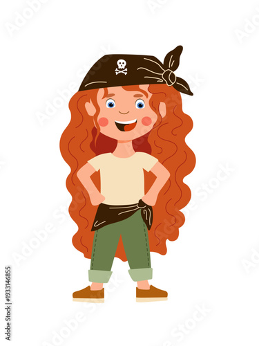 Little girl pirate character with long red hair in bandana, isolated on White. Character design for kids party decor, nursery wall art, and adventure stories.