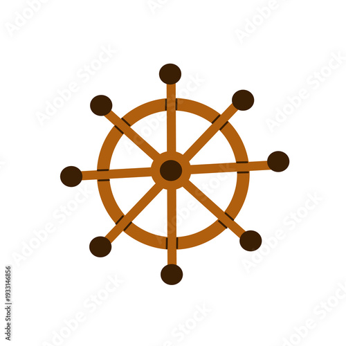 Illustration of  wooden helm, ship's rudder. Design element for pirate adventure themes, maritime navigation designs, and sea travel branding or icons.