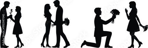 WebRomantic couple silhouettes, love gestures, giving flowers, proposal scene, courtship illustration, affection expression, vector art, black silhouette, isolated, relationship theme