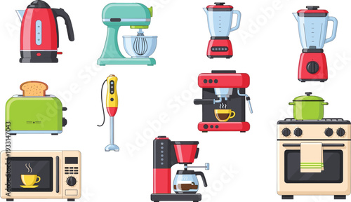 Kitchen Appliances Vector Set, Modern Household Electronic Equipment, Toaster, Microwave, Blender, Coffee Maker, Oven, Mixer, Isolated On White Background, Cooking Icons