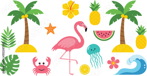 Tropical Beach Summer Vector Set with Flamingo, Pineapples, Palm Trees, Jellyfish and Ocean Waves