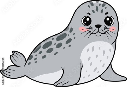 Cute cartoon spotted seal character with grey fur and rosy cheeks isolated on white background for kids and nursery decor