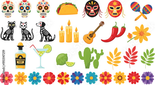 Mexican Day of the Dead and Fiesta Vector Set with Skulls, Tacos, Luchador Masks, Maracas and Floral Elements