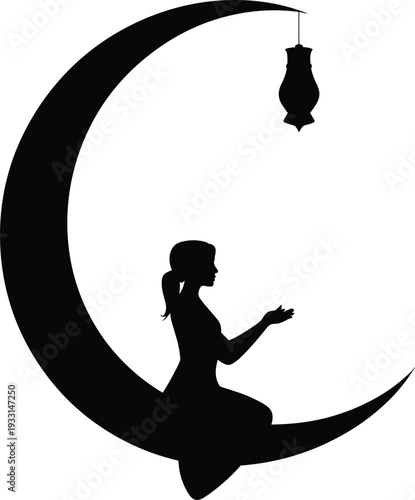 Muslim woman praying on crescent moon, Ramadan Kareem black silhouette vector illustration with hanging lantern spiritual concept