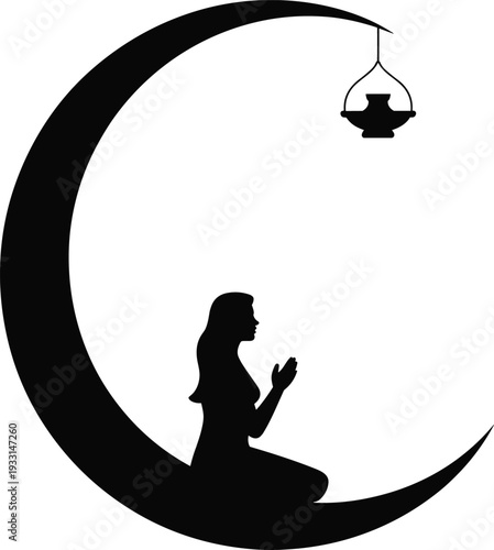 Muslim woman praying on crescent moon, Ramadan Kareem black silhouette vector illustration with lantern spiritual Islamic night concept