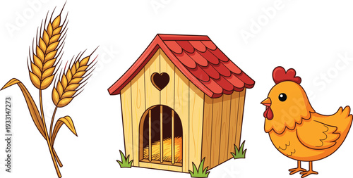 Cute cartoon farm set with a golden hen chicken, a wooden coop with a red roof, and wheat stalks, isolated