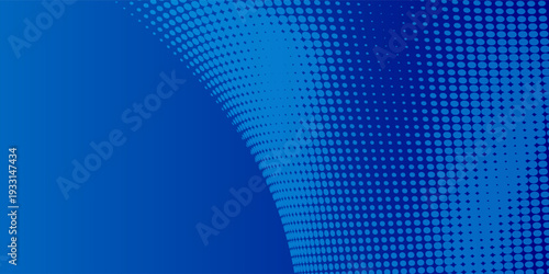 "Abstract blue halftone background with curved radial dot pattern, gradient transition from bright cyan blue on the left to deep royal blue on the right, high contrast