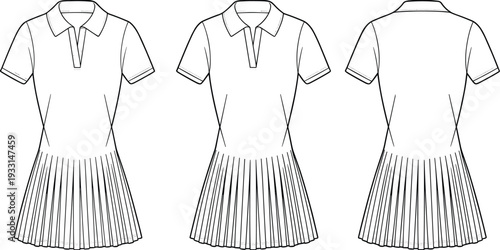 Three views of a white polo shirt with a pleated skirt in black and white line front view