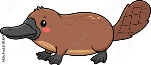 Cute cartoon platypus character with a brown body, flat bill, and webbed feet isolated on white background for kids education
