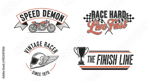 Vintage racing emblems and logos with motorcycle, helmet, and trophy designs.