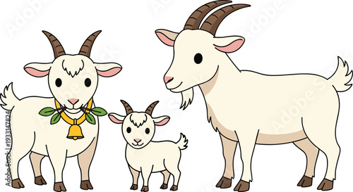 Cute cartoon goat family with white nanny goat wearing a bell and eating leaves, a billy goat, and baby kid