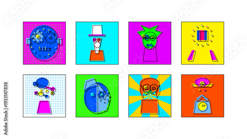 Vibrant pop art style set icon vector with neon characters for web avatar profile and digital art. Retro 90s aesthetic funky graphics for social media profile pic and fun nft collection design.