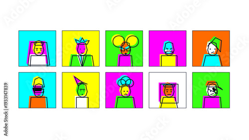 Set of pop art style avatar icons vector illustration. Colorful character heads with geometric shapes in neon boxes. Trendy social media profile pictures or nft collection design element.