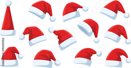 Red Santa Claus Hat Collection with Different Angles and Styles Christmas Holiday Cartoon Vector Illustration Set