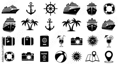 Collection of various travel and vacation related icons and symbols in black color.