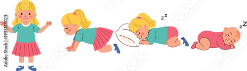 Baby Growth Stages Vector Illustration Set with Infant Sleeping Crawling and Toddler Standing Milestones