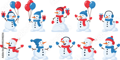 Set of Cute Christmas Snowman Characters with Red and Blue Winter Accessories, Balloons, and Gift Boxes for Holiday Greeting Cards and Seasonal Celebration Designs