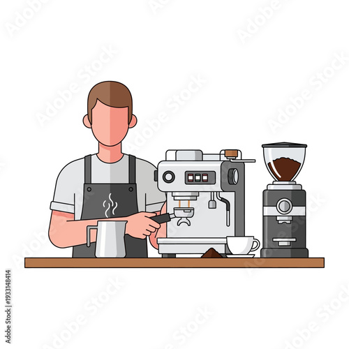 Barista making coffee with espresso machine, grinder, and milk pitcher