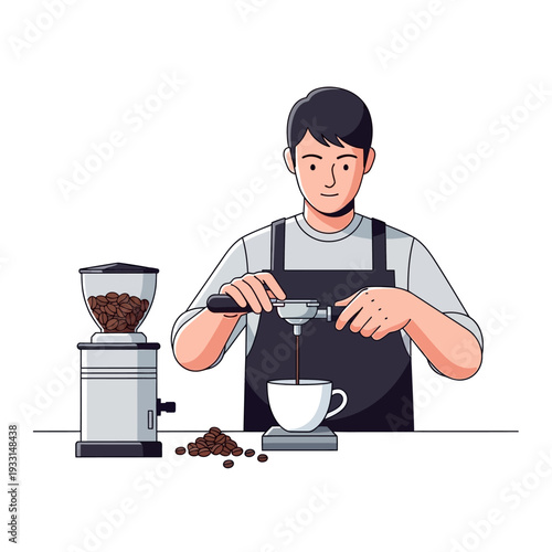 Barista making espresso coffee with grinder and portafilter in cafe, close-up