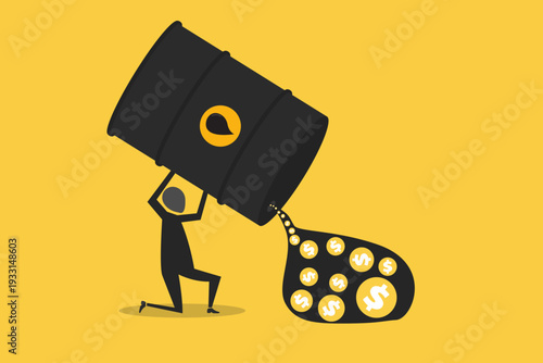 Businessman kneeling while holding a giant oil barrel that pours out golden dollar coins, representing energy profit and wealth